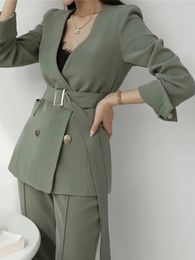 Womens Two Piece Pants Spring And Autumn Office Suit VNeck Green TwoPiece Sets Female Blazer Girly Elegant Temperament Pantsuit Setup Ladies 230202