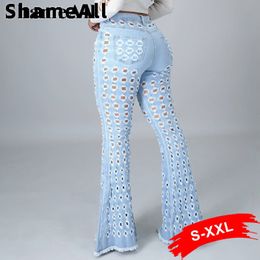 Women's Plus Size Pants Y2K Street White Blue Hollow Stretchy Flare Jeans Sexy Club Torn Holes Wide Leg Ripped Skinny Super Stretchy Indie Bell Bottoms 230203