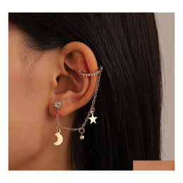 Stud Fashion Jewelry Single Piece Ear Clip Moon Star Earring Tassel Chain Geometric Earrings Cuff Drop Delivery Dhul1