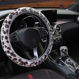 Steering Wheel Covers 3Pcs /Set Cover Grey Leopard Fluff Plush Car Accessor Trim