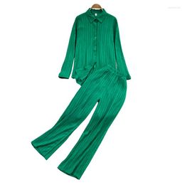 Women's Two Piece Pants Fashion Suit Women Loose Long-Sleeved Pleated Lapel Shirt High Waist Draped Straight Wide Leg Spring Summer 2-Piece