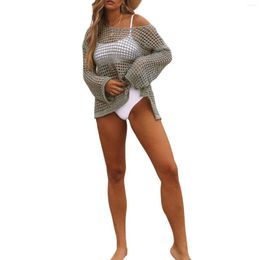 Women's Swimwear Hirigin Women's Hollow Out Bikini Cover Ups Sexy Long Sleeve Off Shoulder See Through Crochet Beach Swiming Tops