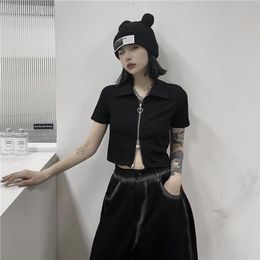 Women's T Shirts Summer Short Love Zipper Open Needle Slim All-match Casual Top Lapel Dark Style FemaleWomen's