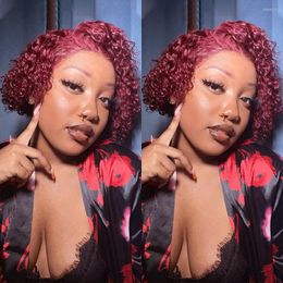 Luvin 13x2 Short Curly Pixie Cut Human Hair Wigs 99j Burgundy Lace Frontal Wig Remy Colored Bob For Women 250%