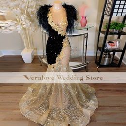 Sparkly Sequins Black Prom Dress Mermaid 2023 Feathers Evening Party Gowns For Women Vestidos De Ocasion Formales