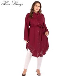 Women's Plus Size T-Shirt Red Women Shirts Blouses Plus Size 4XL 5XL Autumn Muslim Long Sleeve Hollow Out Crochet Floral Irregular Tops Long Shirts 230203