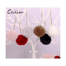 Dangle Chandelier Korean Sweet Pink Plush Ball Earrings Imitation Rabbit Fur Soft Lovely Gold Metal Earring Pom Cute Stud Drop Del Otnes