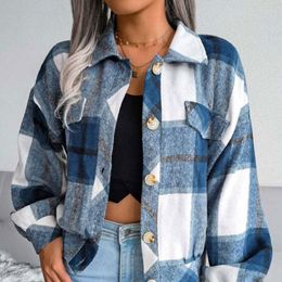 Women's Jackets 2023 Autumn Winter Plaid Jacket Women Chequered Coat Loose Overshirt Button Up Shirt For