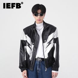 Mens Jackets IEFB Jacket Wear Autumn Winter High Stand Collar Shoulder Padded PU Leather Coat Contrast Colour Fashion 230203