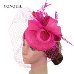 Berets Pink Mesh Headpiece Hair Clip For Ladie Wedding Headwear Cocktail Fascinator Hat Women Elegant Accessories Flower 230202