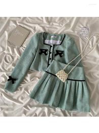 Work Dresses Autumn Sweet Cute Lolita Style Princess Skirt Sets For Women Bow Long Sleeve Square Collar Crop Tops Mini Skirts Y2K 2PC Set