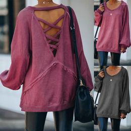 Women's T Shirts Women Spring Autumn Casual Loose T-Shirts Cross Straps Hlollow Out Design V-Neck Long Sleeve Backless Solid Color Pullovers