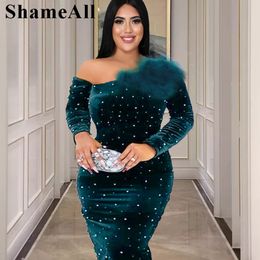 Plus size Dresses Plus Size One Shoulder Velvet Sequin Long Maxi Dress 4XL Winter Christmas Evening Party Dresses Bandage Bridesmaid Club Outfits 230203