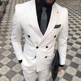 Men's Suits 2023 Business Ivory Double Breasted Mens For Gentleman Peaked Lapel Groom Tuxedos Two Piece (Jacket Pants)