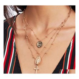 Pendant Necklaces Fashion Jewelry Mtilayer Necklace Metallic Cross Madonna Beads Drop Delivery Pendants Dhbrp