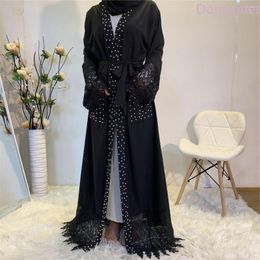 Ethnic Clothing Robe Femme Musulmane Cardigan Middle East Beaded Lace Pocket Arab Muslim Fashion Abaya Kimono Dubai Turkey Belt