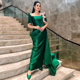 Elegant Green Sheath Evening Dresses Square Neck Short Sleeve Formal Gown Side Train Satin Womens Special Ocn Dress 326 326