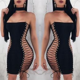 Casual Dresses Sexy Double-sided Round Hole Lace-up Bra Slim Women's Dress In Nightclub 2023 Summer Fashion Wrapped