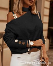 Women's Sweaters Slanted Shoulder Chain Decorative Pullover T-shirt Women Autumn 2023 Fashion Casual Long-sleeved Black Apricot BlouseWomen'