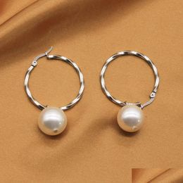 Hoop Huggie Round Shell Pearl Stainless Steel Earring 16Mm Dyed Color Bead Drop Earrings For Women Fashion Jewelry Delivery Dhnhs