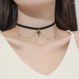 Choker Personality Double Layers Velvet With Bead Chain Gothic Black Cross Pendant Short Necklaces For Women Jewellery Party Gift