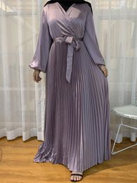 Ethnic Clothing Ramadan Women Muslim Pleated Long Dress Elegant Lace-up Arabic Moroccan Kaftan Solid Vestidos Slim Fit Party Jubah Elbse