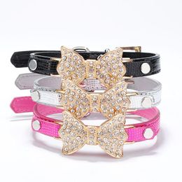 Dog Collars & Leashes Fashion Cat Leather Lovely PU Pet Puppy Collar Crystal Rhinestone Bowknot Necklace