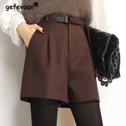 Women's Shorts 2022 New Korean Elegant Women Woollen Short Pants with Belted Autumn Winter Warm High Waist Wide Leg Vintage Casual Y2302