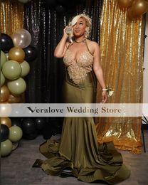 Green Gala Occasion Evening Dresses For Women 2023 Halter Neck African Party Dress Mermaid Prom Gowns Sweep Train