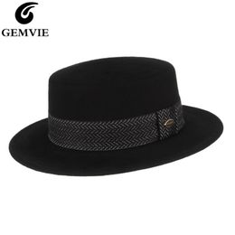 Stingy Brim Hats GEMVIE Wool Boater Hat Medium Flat Crown Felt Fedora For Women/Man Autumn Winter With Black Band