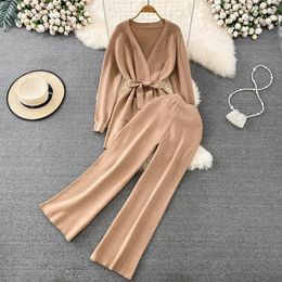 Women's Two Piece Pants Fashion Suit Europe United States Retro Temperament V-Neck Waist Tie Pocket Knit Top Two-Piece Set High-Waisted