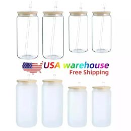 US Warehouse Bottiglie d'acqua 12oz 16oz Sublimazione in bianco fai-da-te Can Bicchieri Bicchieri a forma di bicchiere di birra con coperchio in bambù e cannuccia per soda al caffè ghiacciato