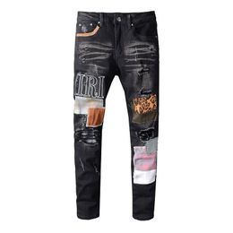 Men's Jeans Ripped Stretch Denim Pants High Street Fashion Black Patch Embroidery Elastic Slim Fit Skinny Jeans