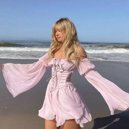 Casual Dresses Heydress Women Summer Beach Vacation Chiffon Slash Neck Mini Dress Long Sleeve Corset Bandage Sundress Party Pink