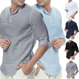 Men's T Shirts Summer Mens Cotton Linen Shirt Casual Loose V Neck Long Sleeve Tops HSJ88