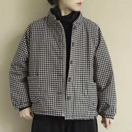 Women's Trench Coats Women Vintage Plaid Parkas Button Cotton Blend Stand Pockets Autumn Warm Wide-Waist Female Outwear