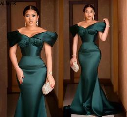 Arabic Aso Ebi Nigerian Green Mermaid Evening Dresses Off The Shoulder Pleats Satin Women Special Occasion Dress Formal Elegant Long Prom Party Gown Plus Size CL1773