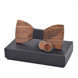 Bow Ties Sitonjwly Retro Wooden Bowtie Cufflinks Set For Men Feathers Pattern Wood Necktie Accessory Wedding Christmas Giftsbow Emel Dh6Xd