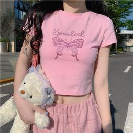 Women's T Shirts Summer Sexy Women T-shirts Fashion Butterfly Print Navel Short Sleeve Tee Pink Pullover Skinny Streetwear Crop Tops