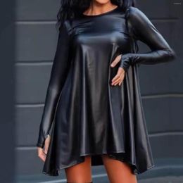 Casual Dresses Autumn Dress For Women 2023 Plain Oversized Daily Streetwear O Neck Long Sleeve Thumb Hole Pu Leather Smock Mini