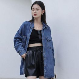 Women's Jackets 2023 Autumn Cowboy Coat Women Vintage Loose Simple Casual Medium Long Denim Shirt