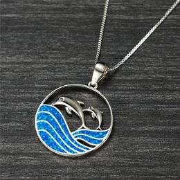 Pendant Necklaces Cute Female Blue Fire Opal Necklace Classic Silver Colour Chain For Women Luxury Wave Dolphin Wedding NecklacePendant