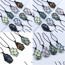 Pendant Necklaces Healing Crystal Oval Natural Stone Weave Net Bag Charms Green Pink Opal Rope Chain Wholesale Christmas Jew Dhgarden Dhxq6