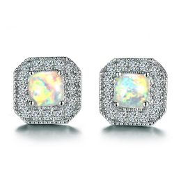 Stud Earrings Luxury Female White Blue Opal Stone Small Silver Colour Vintage Crystal Square Wedding For WomenStud