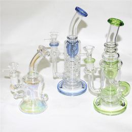 Rainbow Blue Green Colours Hookahs 14mm Glass Bong Heady Mini Dab Rigs Small Showerhead Perc Recycler Bubbler Oil Rig with bowl male ash catcher