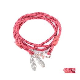 Charm Bracelets Fashion Vintage Leaf Feather Leather Bracelet For Men And Women Handmade Rope Wrapped Gifts Drop Delivery Jewelry Dhckz