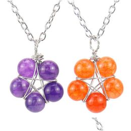 Pendant Necklaces Star Flower Shape 8Mm Stone Ball Wire Wrapped Metal Chain Necklace Healing Reiki Chakra Jewelry Wholesale Dhgarden Dhhjf