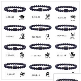 Beaded 12 Constellations Strand Bracelets Natural Black Glass Bead Bracelet Star Sign Constellation Horoscope Couple Friends Dhgarden Dh6T3