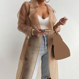 Women's Trench Coats Elegant Shirts Coat For Women Fashion See Through Lace Up Spring Solid Sheer Mesh Long Sleeve Buttoned With Belt