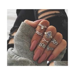 Cluster Rings 7Pcs/Set Arrival Flower Gemstone Carved Ring Set Antique Sier Plated Vintage Bohemian Turkish Fashion Women Accessorie Otxrc